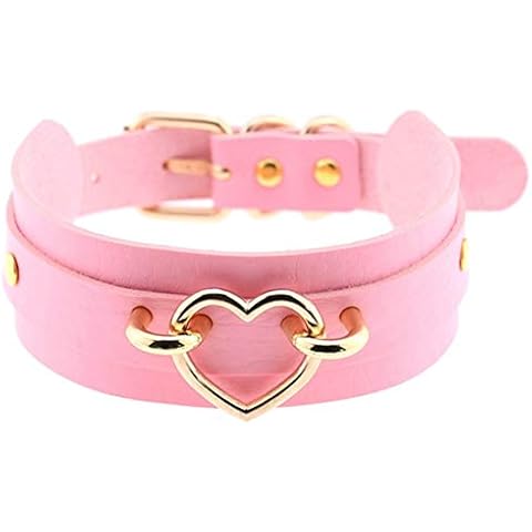 LAIFEKE Fashion Gold Silver Metal Heart Choker PU Leather Necklace Neck Strap Nightclub Neck Accessories (Gold Heart-Pink) Cover