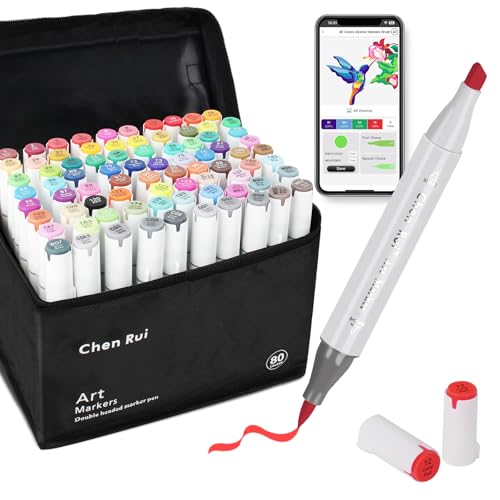 Chen Rui 80 Colours Alcohol Brush Markers with Free App, Brush and Chisel Tip Alcohol Pens for Adults, Drawing Markers for Anime Manga Drawing and Sketching，