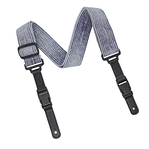 Rayzm Correa de Guitarra con enganche “quick release”, Correa de Algodón Azúl Vaquero Desteñido para Guitarra Acústica, Eléctrica, Bajo, 5cm de Ancho, Longitud Ajustable