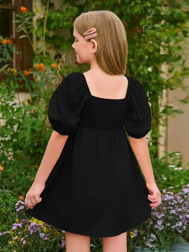 Haloumoning Girls Summer Dress Kids Square Neck Puff Sleeve A-Line Smocked Mini Dresses 5-14 Years4