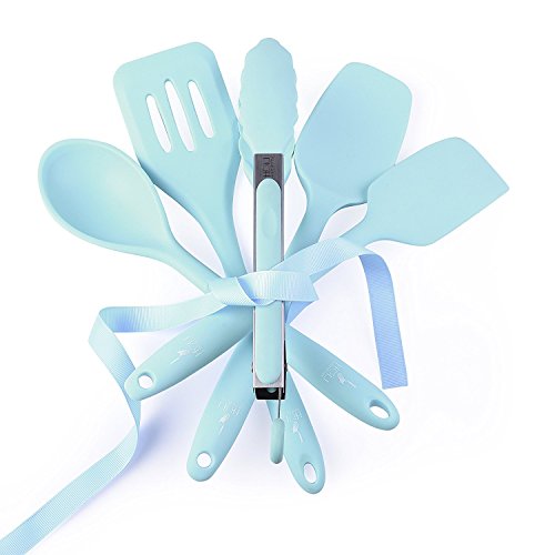 Holi In The Kitchen Silicone Cooking Set 5-Piece - Heat Resistant - Includes: Slotted Turner, Spoon, Spatula, Spoonula and a 9" Tongs