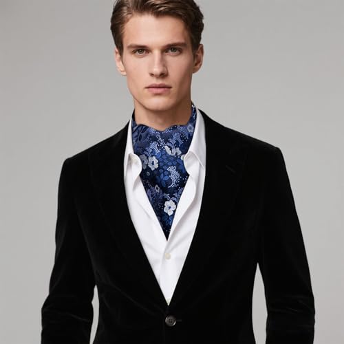 Image of Hi-Tie Silk Ascot for Men Self Tie Men's Cravat and Flower Lapel Pin Handkerchief Cufflinks Set for Wedding Party
