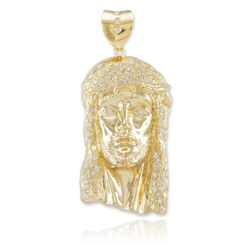 Religious Jewelry 14k Yellow Gold Iced Out Jesus Face Necklace Pendant, 3.25