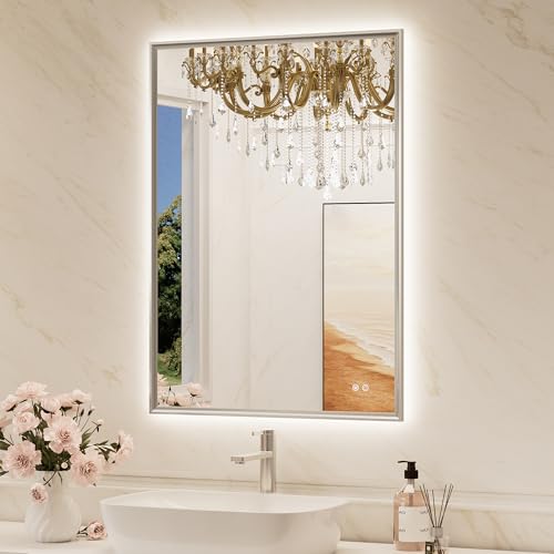 TokeShimi 24"x 36" Bathroom Mirror Backlit with Brushed Nickel Frame, Dimmable Backlight LED Lighted Vanity Mirror with Shatter-Proof, Memory, 3 Colors, Anti-Fog Mirror with HD Tempered Glass by TokeShimi - Used condition - US$65.69
