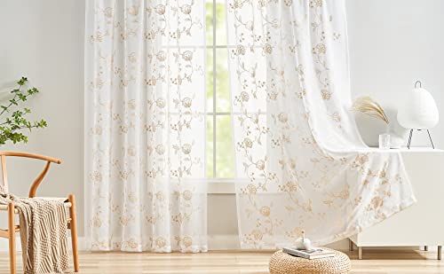 Image of Embroidery Sheer Curtains Beige 95 Inches, Floral Pattern Window Treatments Rod Pocket Drapes for Living room, Bedroom, Semi Voile Curtain Panels for Yard, Patio, Villa, Parlor, Set of 2, 52 inchx 95 inch.