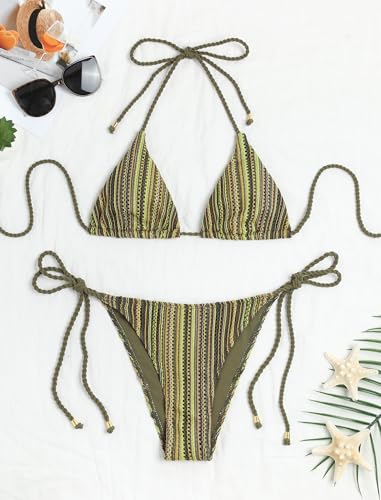 Image of ZAFUL 2 Piece Triangle Bikini for Women Knitted Rope Halter Bikini Sets Sexy Bathing Suit Side Tie Swimsuits Beachwear