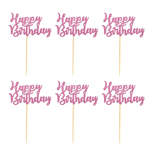 Arthsdite Pack Of 48 Pre-Assembled Pink Glitter Happy Birthday Cupcake Toppers Cake Food Fruit Picks For Celebrating Birthday Party Decoration Supplies #TOP1