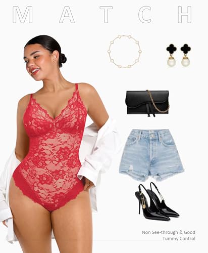 Image of FeelinGirl Shapewear Bodysuits for Women Lace Shapewear Tummy Control V-Neck Sleeveless Bodysuit Tops Jumpsuit