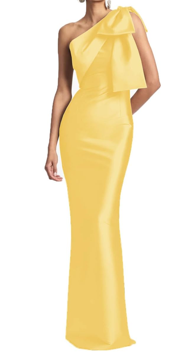 KURFACE Long Mother of the Bride Dresses Satin Yellow Bridesmaid Dresses for Women with Slit One Shoulder Formal Gown UK18