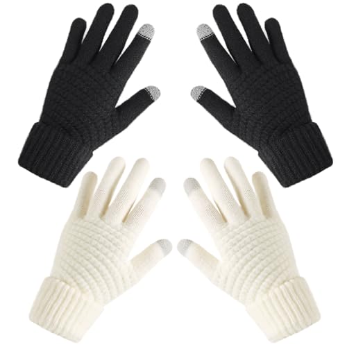 Premillow Womens Winter Gloves - 2 Pairs Touchscreen Winter Gloves for Women, Warm Glove with Elastic Cuff Knit Glove for Women Cold Weather, Black, White