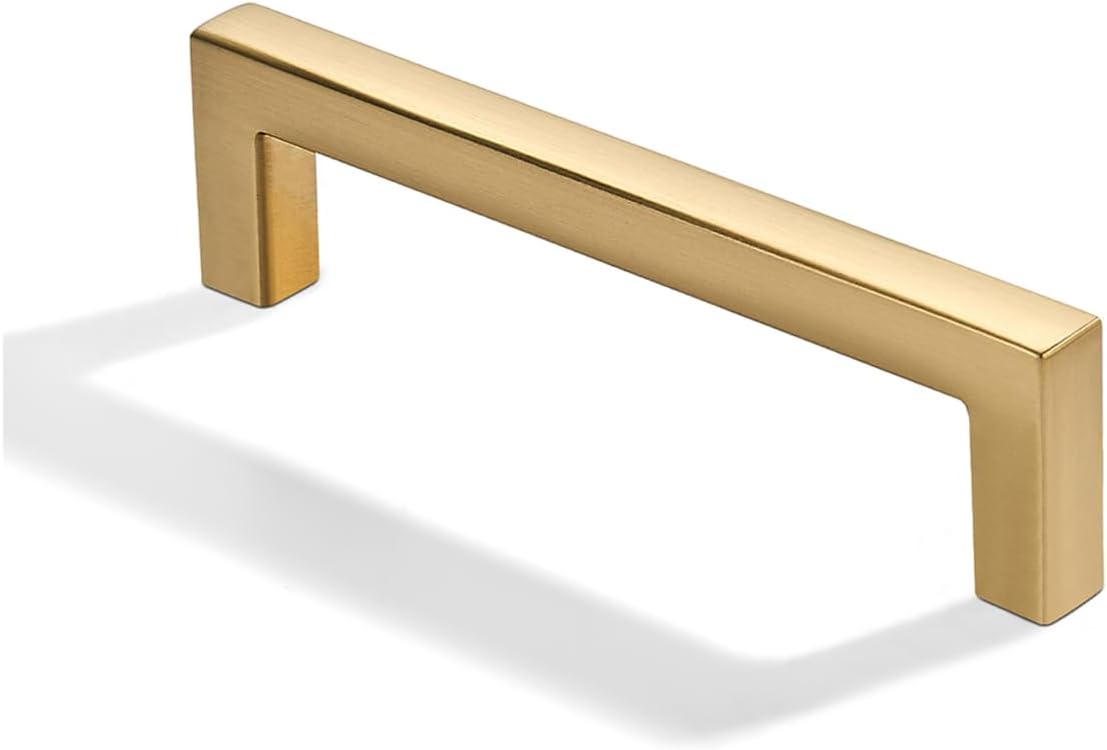 khtumeware 10 Pack 5 inch(128mm) Hole Center Brushed Brass Cabinet Pulls Solid Heavy-Duty Square Satin Brass Cabinet Handles Drawer Pulls Kitchen Cabinet Hardware Kitchen Handle