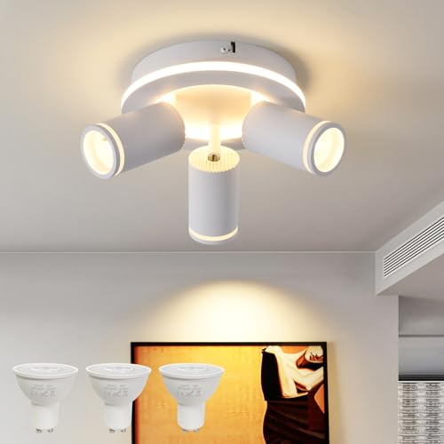 MYCUL - Foco de techo LED con 3 llamas orientable, plafón redondo con incandescencia, 15 W y 3 x 5 W GU10, aplique 3000 K, blanco cálido, cocheras, bordes de techo