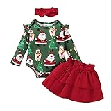 ☘ Neugeborenes Baby Mädchen erstes Weihnachtsoutfit. Rot Langarm Strampler, Schleife Santa Claus gedruckt Tutu Rock und Schleife 3tlg Outfit Set Party Fotoshooting Bekleidungsset