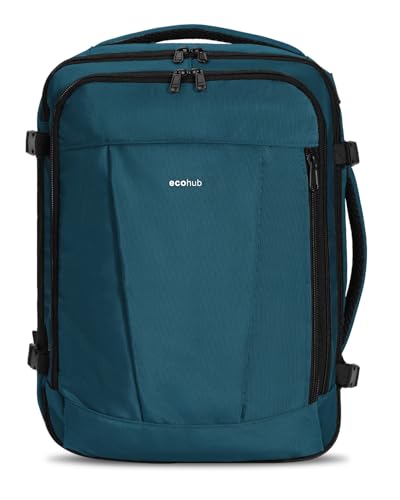 ECOHUB Mochila de Viaje Cabina Avion 40x30x20 Ryanair Con 13 Compartimentos Para Mujer y Hombre, Maleta Debajo del Asiento, Equipaje de Mano 24L, Recicladas, Patentado, Azul Verde