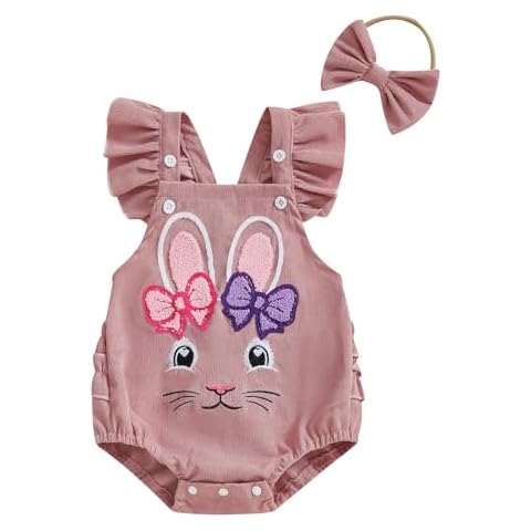 Youweixiong Newborn Baby Girl Easter Outfit Ruffle Sleeveless Bunny Embroidery Corduroy Bodysuit Rabbit Overalls My First Easter Clothes (Pink, 6-12 Months) Cover