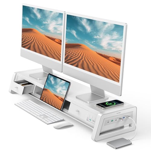 Vaydeer All-in-One Dual Monitor Stand Riser with 2 Drawers, 8USB Ports and Wireless Charging Pad with LED Light Strip for 2 Monitors , Desk Organizer for PC, iMac (Metal, 39.3 inches)-White