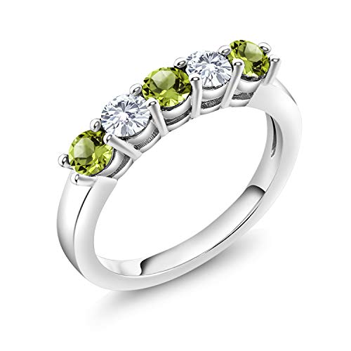 Gem Stone King 925 Sterling Silver Green Peridot and White Moissanite 5-Stone Wedding Anniversary Band Ring For Women (0.94 Cttw, Gemstone August Birthstone, Available In Size 5, 6, 7, 8, 9)