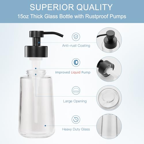 Doiliese Soap Dispenser, Clear Glass Soap Dispenser with Rust Proof Pump, 17oz Liquid Soap Dispenser with Waterproof Labels, Dish & Hand Soap Dispenser for Bathroom, Kitchen, Matte Black, Pack of 2