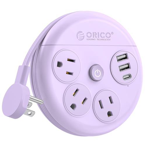 Image of ORICO Power Strip with USB Ports, 4Ft Flat Extension Cord with 3 AC Outlets and 2 USB-A and 1 USB-C Charging Ports, 45 Flat Plug, Non-Surge Protector for Cruise /Home /Office /Dorm Essentials, Purple