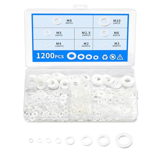 1200 Pcs Nylon Washers for Screws, Flat Plastic Washerss, Tap Washers Assorted UK, Assorted Round Seals Washer for Plumbing Bolts, M2/M2.5/M3/M4/M5/M6/M8/M10(White)
