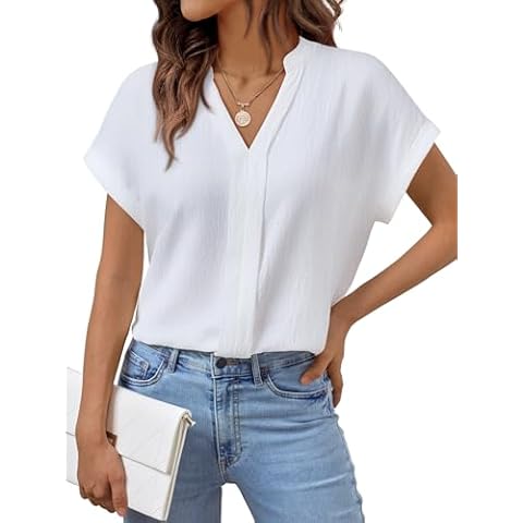Dealmore Womens Tops Dressy Casual Business Work Blouses Summer Short Sleeve Shirts V Neck Clothes Trendy Outfits White M Cover