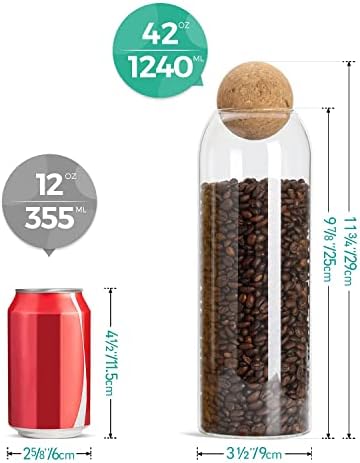 ComSaf Glass Food Storage Canister with Airtight Cork Lid (42oz/1.24L), Clear Food Storage Jar Container with Seal Cork Round Stopper for Kitchen Pantry Serving Tea Coffee Sugar Flour Spices