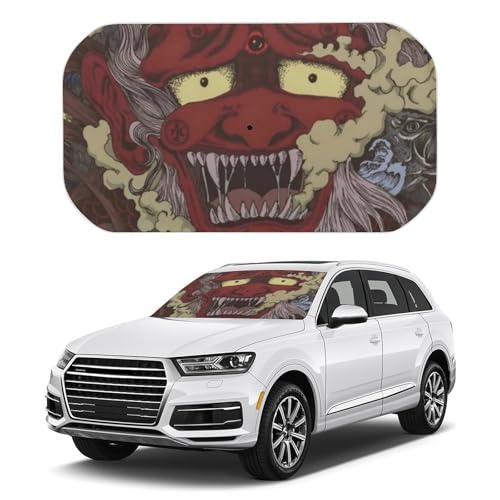 カーシェード 鬼 和風 赤鬼 鬼退治 フロントガラスカバー 折りたたみ 車用サンシェード 傘型 カーフロントカバー フロントガラスカバー 遮光サンシェード 紫外線対策