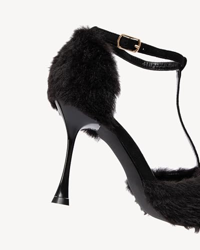 Women’s T-Strap Heels – 3.93 inch Pointed Toe Stiletto Pumps with Ankle Strap, Fluffy Dress Shoes for Party, Evening, Holiday or Special Occasions4