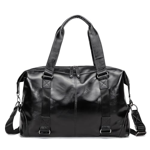 Leather Duffle Bag Travel Weekender Bag with Shoulder Strap 45cm x 34cm x 15cm C501 (Black)