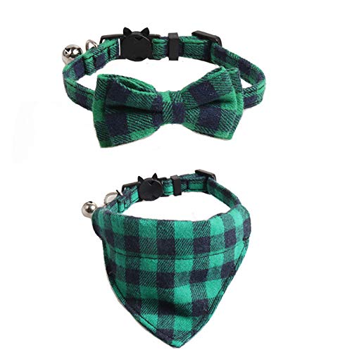 Imikoko 2 Pack of Bow Tie Cat Collar Bandana, Size Adjustable Plaid Cat Collars with Breakaway Bell - for Kitty Cats Puppy Dogs
