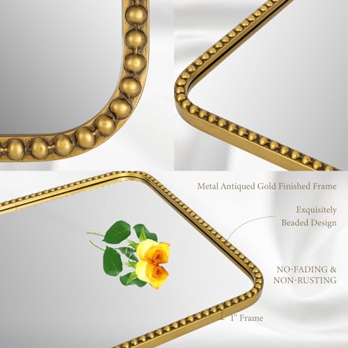 Fobule Wall Mirror for Bathroom - 30\"x40\" Rectangle Rounded Corner Beaded Frame Mirror, Large Vanity Mirror Hangs Horizontal or Vertical, Antique Gold