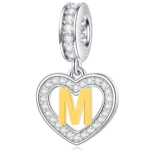Image of GLOWDAS 18K Gold Plated Letter Charms Initial A to Z Necklace Pendant, 925 Sterling Silver CZ Heart Dangle Alphabet Beads fit European DIY Bracelet, Gifts for Valentiens /Christmas /Family