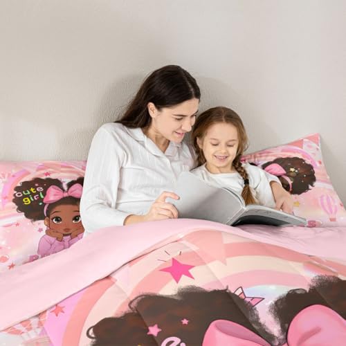 Image of Erosebridal Pink Black Girls Queen Bedding Set Magical African American Comforter Set for Nursery Afro Little Girls Comforter Cute Room Decor Melanin Bedroom Decor (1 Comforter, 2 Pillowcases)