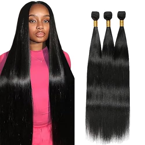 Weeybay Straight Human Hair Bundles Tissage Cheveux Humain Tissage Naturels Cheveux Human Hair Extensions Double Weft Weave 50g/Piece Natural Black #1B Color...