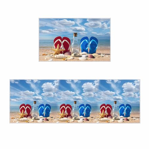 2 Pieces Kitchen Rugs and Mats,Coastal Beach Slipper Bottle Starfish Shell Area Runner Rug Set Non Slip Floor Doormat Washable Carpet Standing Mat for Kitchen Sink Corridor,Summer Seaside Theme