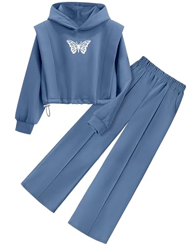 La Mejor Selección de Ropa deportiva para Niña para comprar hoy. 48 TyeSmo - Conjunto de 2 piezas para niñas, con estampado de mariposa, sudaderas sólidas, pantalones deportivos, conjuntos de ropa con bolsillos, 7-14 años, Azul, 11-12 Años
