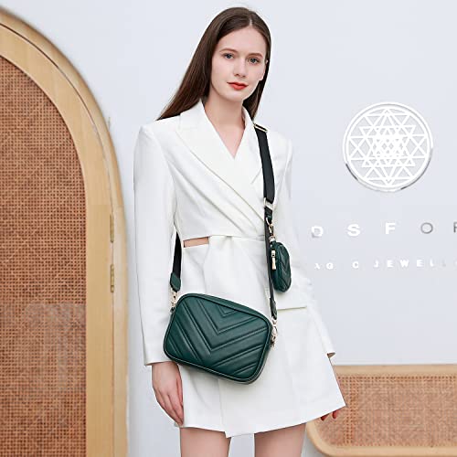 Image of Herald Chevron Quilted Small Crossbody Bag with Coin Purse Pouch, Women Square Camera Side Shoulder 2 Size Handbags (Green)