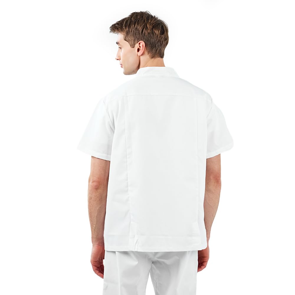 MYLOOKPRO - Tunique Professionnelle Homme Blanche – Blouse Médicale Manches Courtes Polycoton – Col Officier Boutons Pression – 3 Poches – Tenue Infirmier, Laboratoire, Esthétique