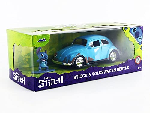 Jada Toys Disney Lilo And Stitch 1:32 Volkswagen Beetle Die-Cast Car W/ 1.65" Stitch Figure, Toys For Kids And Adults #TOP3