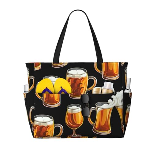 Sac de plage grand cabas bandoulière femme motifs bière solide et spacieux
