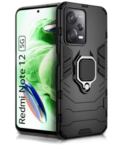 Image of WOW IMAGINE Shock Proof Back Case Mobile Cover for Xiaomi Redmi Note 12 5G | Poco X5 5G | Back Cover Case (Tough Armor | Hybrid PC + TPU | Ring Holder & in-Built Kickstand | Black)