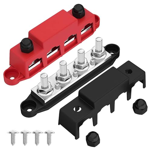 12V-48V Bus Bar with Cover: 2Pcs Busbar Power Distribution Block with 4 x M8 Terminal Studs for car RV Yacht Boat (Red + Black)