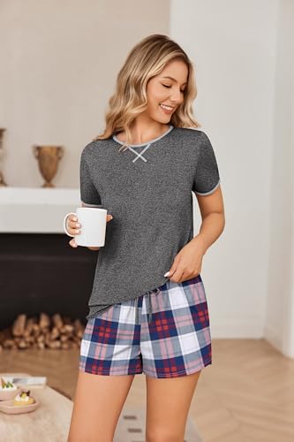 Image of Ekouaer Women Pajama Set Casual Short Set Navy Blue Black & Red Plaid XX-Large