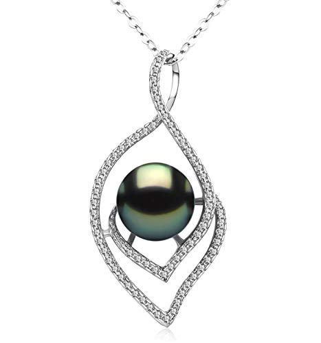 Lucky Peacock 9-10mm Genuine South Sea Tahitian Black Pearl Evil Eye Pendant Necklace 18K Gold Plated Sterling Silver - Jewelry Gifts for Women Wife Mom Daughter