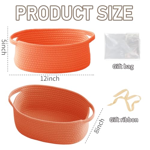 Image of JMvicyroam Small Woven Basket, Empty Gift Basket, Orange /3 Pack | Small Gift Basket, Cotton Rope, 12 x 8 x 17 in, Handles, Includes Ribbon and Bag, Birthday Gift Basket