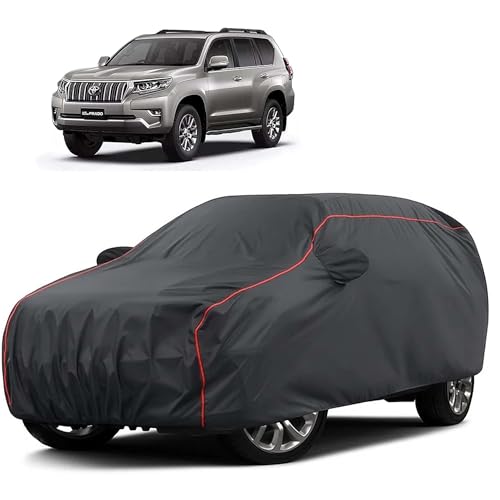 Image of Sulfar 100% Water Resistant Car Body Cover Compatible with Mirror for Toyota Land Cruiser Prado (Triple Stitched, Full Bottom Elastic, Dark Grey Taffeta with Red Piping)