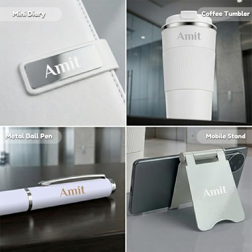 Image of Giftana 4 in 1 Personalized Diary with Pen, Mobile Stand and Coffee Tumbler 510ml Gift Set for Men & Women, Customized Gifts for Doctors, Personalised New Year Corporate Gift Set for Employee (White)