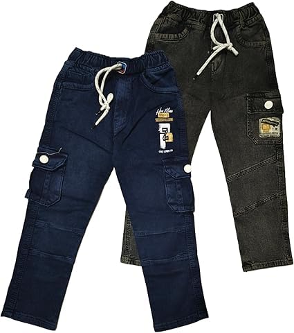Image of Boys Cargo Pants, Kids Cargo Jeans with Pockets, Adjustable Waist, Stretch Denim Casual Pants for Boys