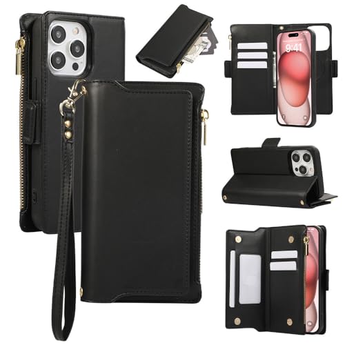 Étui iPhone 14 Pro Max magnétique coque arrière cuir amovible amovible noir
