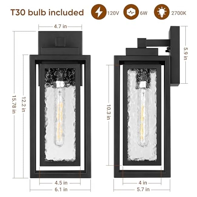 Water Ripple Outdoor Wall Lantern Exterior Porch Light Fixture Black 2 Pack Sconce Lighting